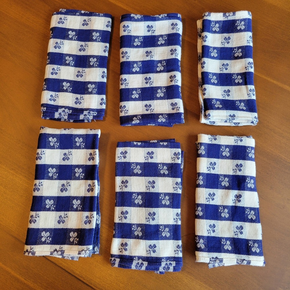 VTG Blue White Gingham Floral Damask Clover Cloth Napkins Set of 6 Provincial